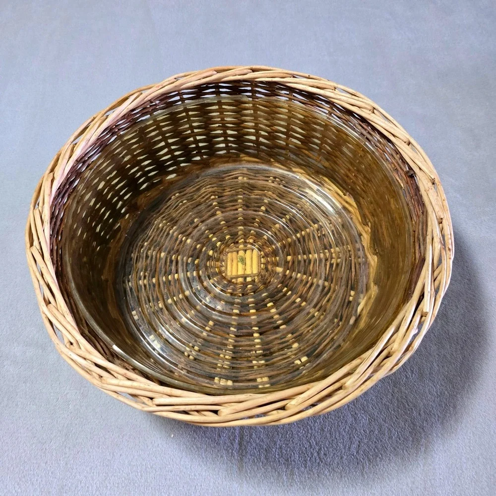 Vintage Round Wicker Serving Basket 12 in Clear Liner Two Tone Woven